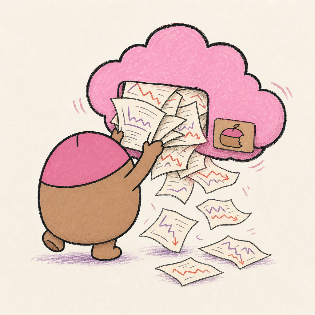 iCloud Custody scene with a literal cloud and bad-decision papers